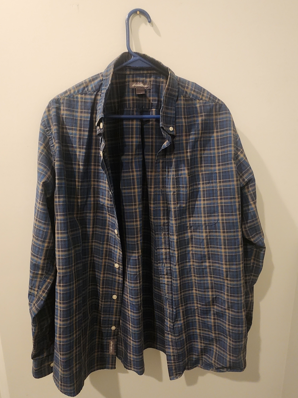 Eddie Bauer Blue and Tan Plaid Button-Down Shirt